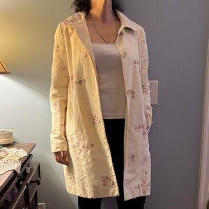 Vintage Gap Cream 100% Cotton Women's floral Embroidered Trench Coat